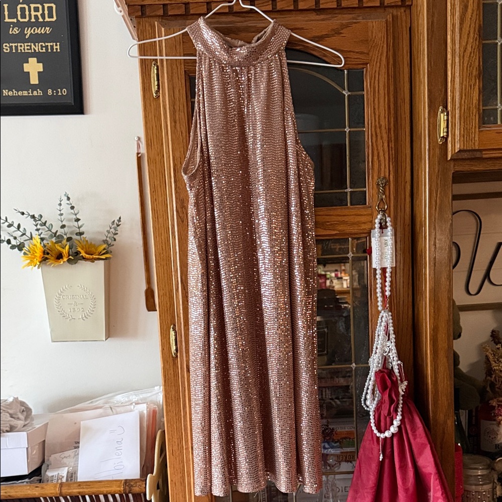 bebe Shimmering Rose Gold Sequin Mini Dress